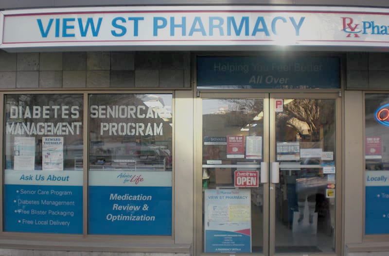 View Street Pharmacy storefront, located at 867 View Street in downtown Victoria, BC.