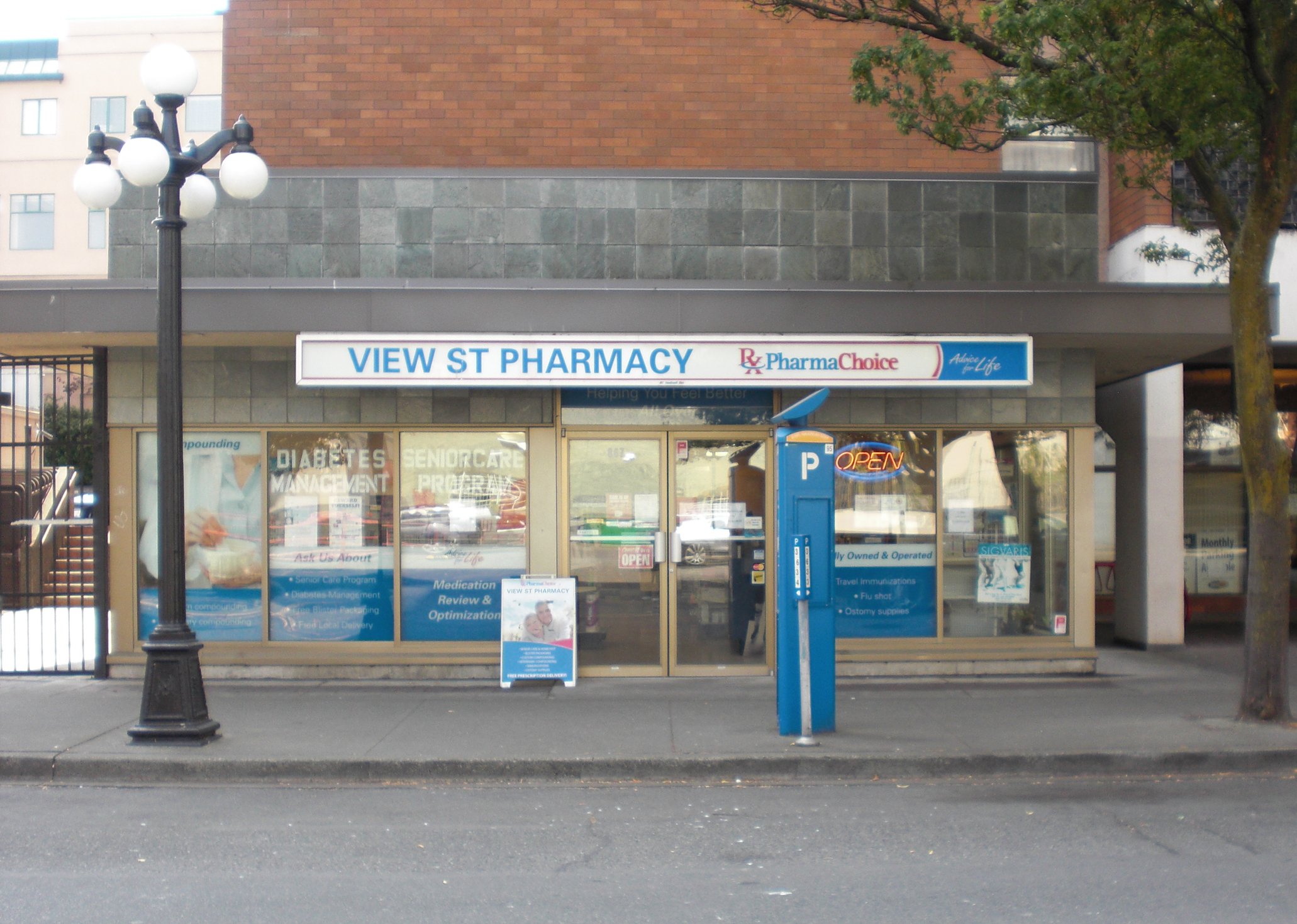 View Street Pharmacy storefront, located at 867 View Street in downtown Victoria, BC.